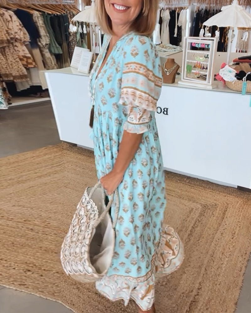 Women's Maxi Summer Dress with V Neckline and Floral Print
