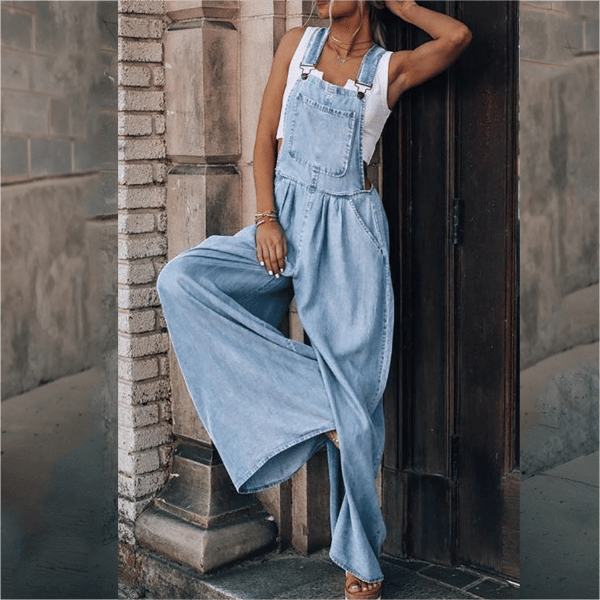 Women's Denim Dungarees with Wide Leg and Side Pockets