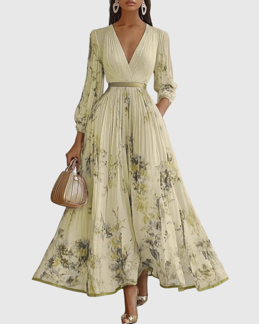 Women's Midi Wedding Guest Dress with V Neckline and Pleated Skirt