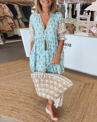 Women's Maxi Summer Dress with V Neckline and Floral Print