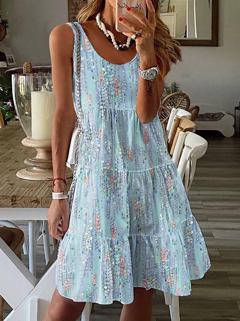 Women's Mini Summer Dress with Floral Print and Sleeveless Tiered