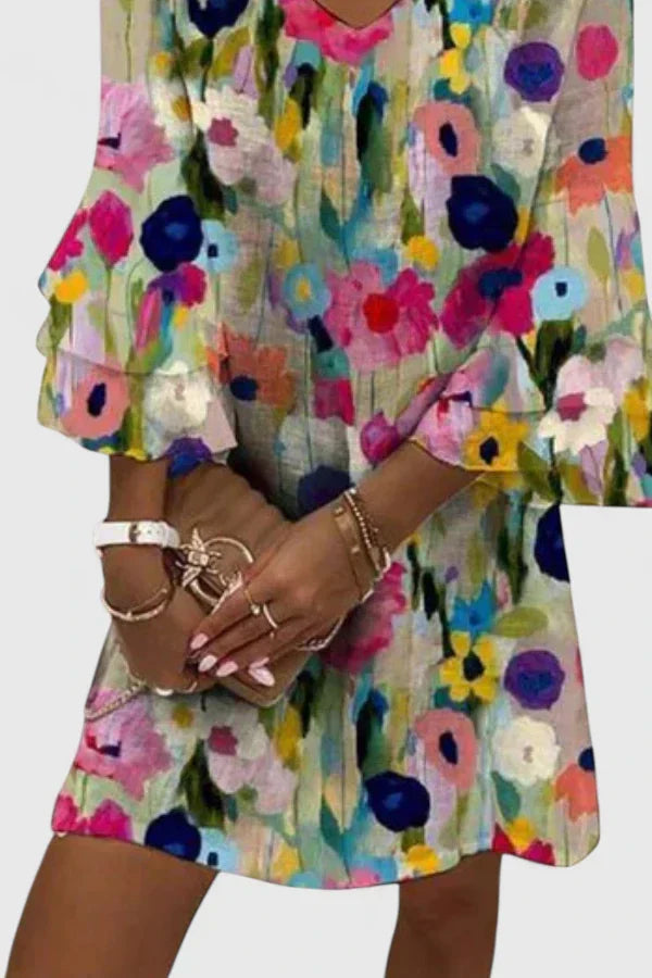 Women's Mini Summer Dress with Floral Print and Bell Sleeves