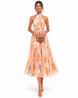 Women's Midi Halter Neck Dress with Floral Print and Pleated Skirt
