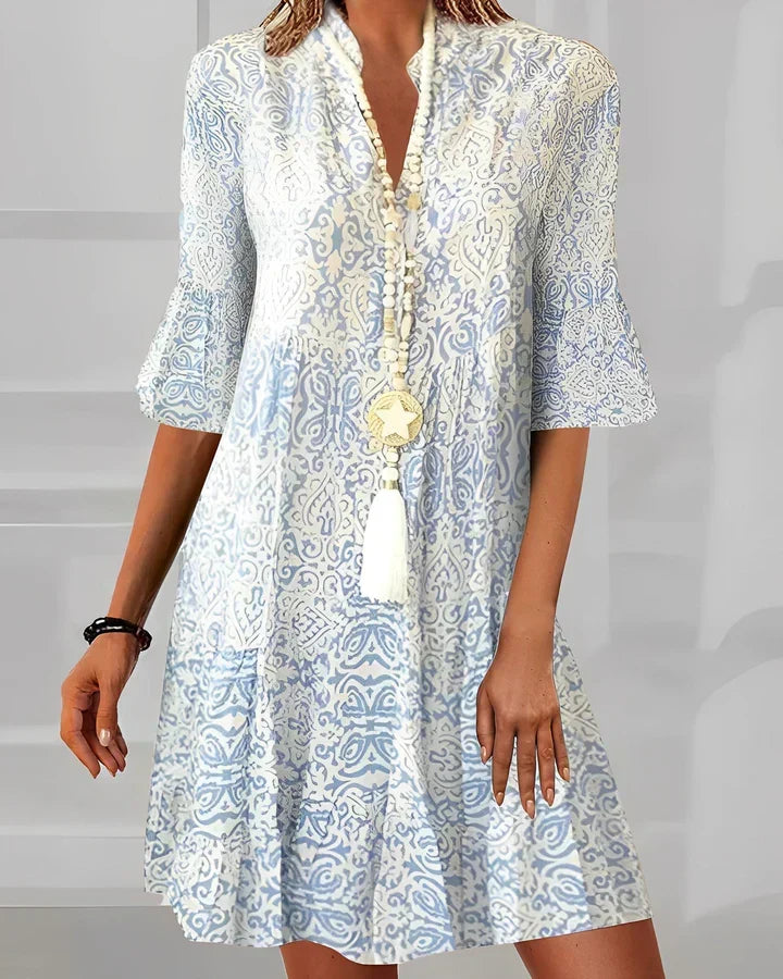 Women's Mini Summer Dress with V Neckline and Three Quarter Sleeves