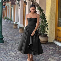 Women's Midi Graduation Dress with Spaghetti Strap and Ruffled Hem