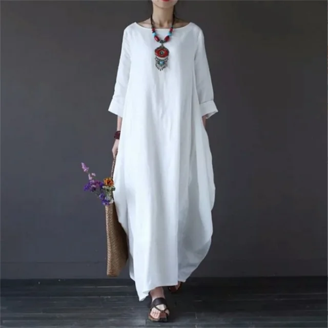 Women's Maxi White Dress with Batwing Sleeves and Side Pockets