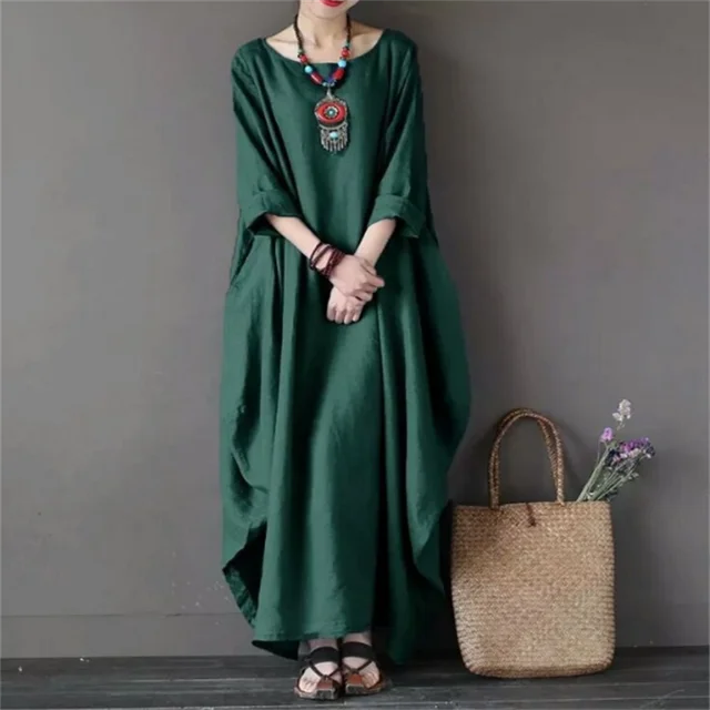 Women's Maxi White Dress with Batwing Sleeves and Side Pockets