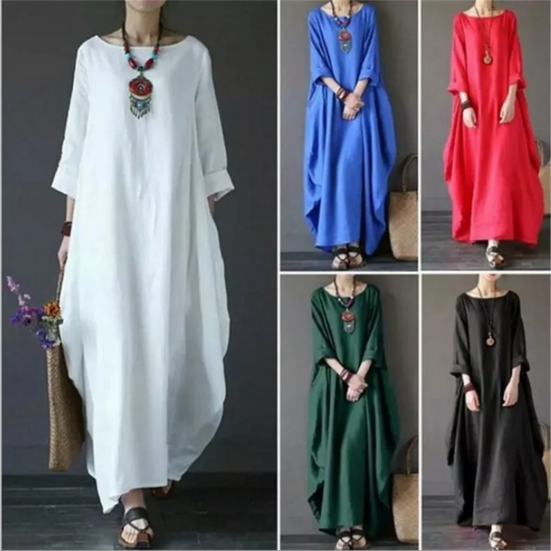Women's Maxi White Dress with Batwing Sleeves and Side Pockets