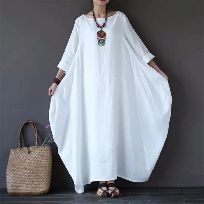 Women's Maxi White Dress with Batwing Sleeves and Side Pockets