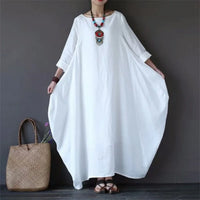 Women's Maxi White Dress with Batwing Sleeves and Side Pockets