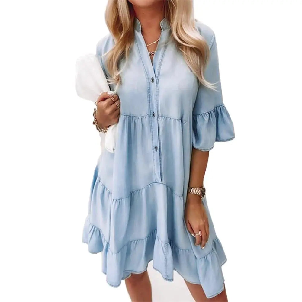 Women's Mini Denim Dress with Ruffled Hem and Short Sleeves