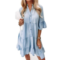 Women's Mini Denim Dress with Ruffled Hem and Short Sleeves