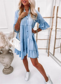 Women's Mini Denim Dress with Ruffled Hem and Short Sleeves