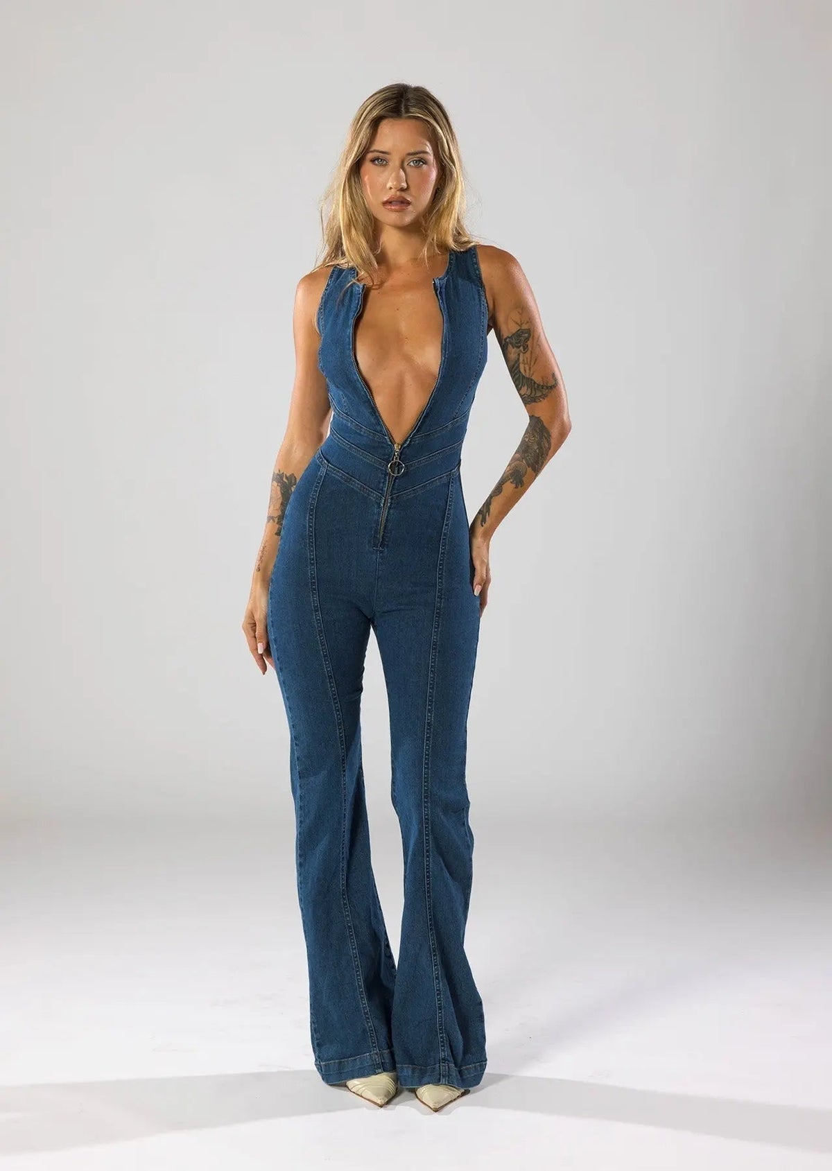 Women's Denim Jumpsuit with V Neckline and Flared Leg