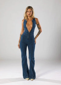 Women's Denim Jumpsuit with V Neckline and Flared Leg