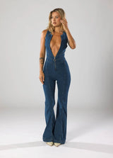 Women's Denim Jumpsuit with V Neckline and Flared Leg
