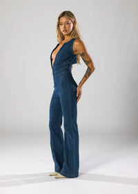Women's Denim Jumpsuit with V Neckline and Flared Leg