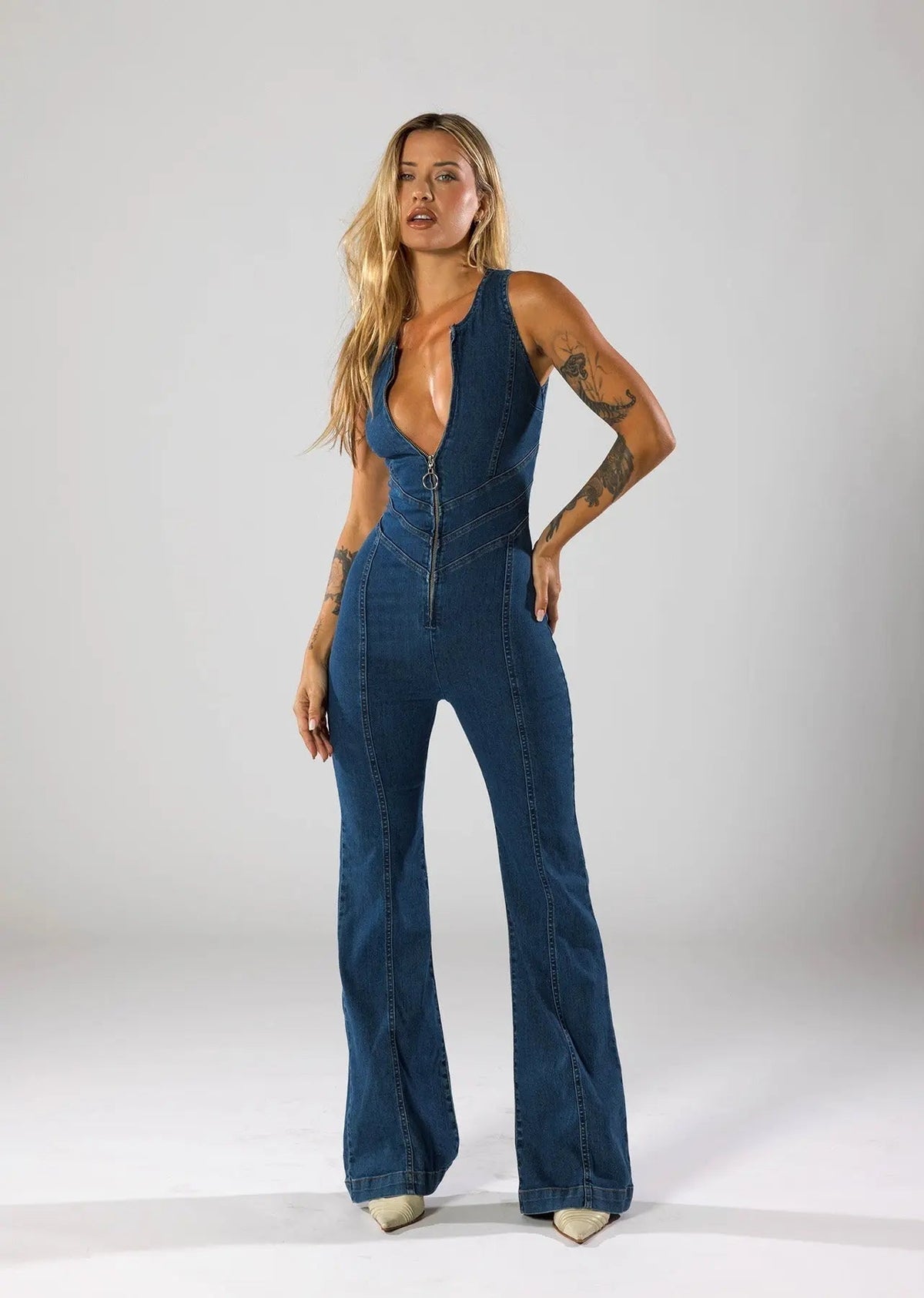 Women's Denim Jumpsuit with V Neckline and Flared Leg