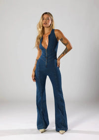 Women's Denim Jumpsuit with V Neckline and Flared Leg