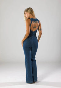 Women's Denim Jumpsuit with V Neckline and Flared Leg