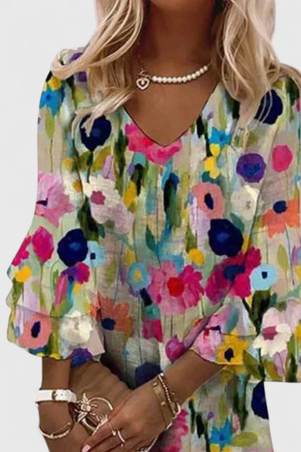 Women's Mini Summer Dress with Floral Print and Bell Sleeves