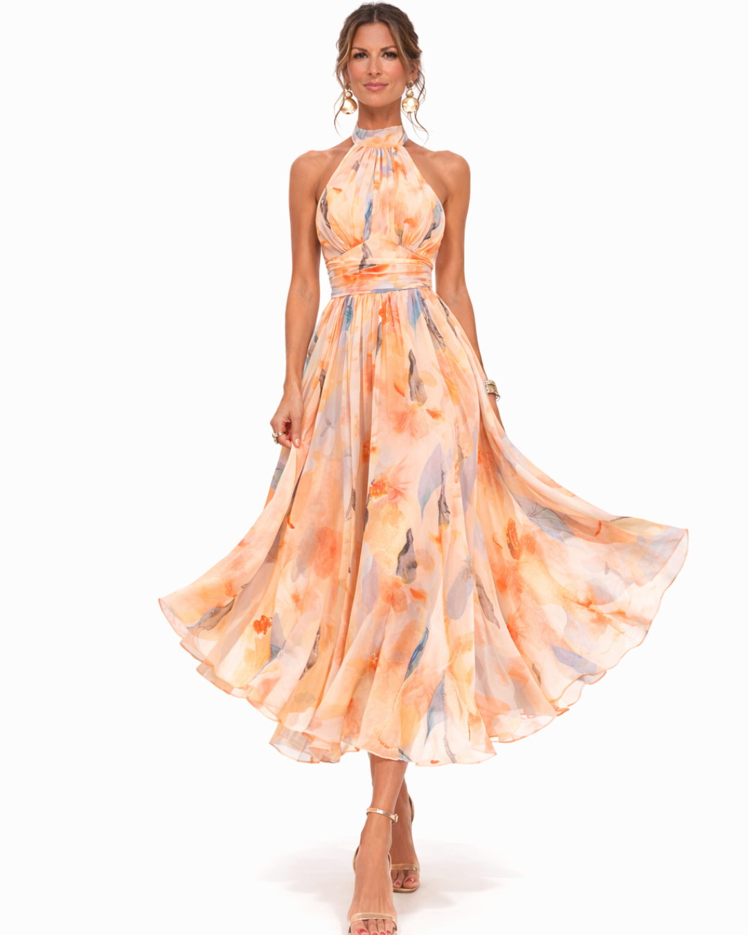 Women's Midi Halter Neck Dress with Floral Print and Pleated Skirt
