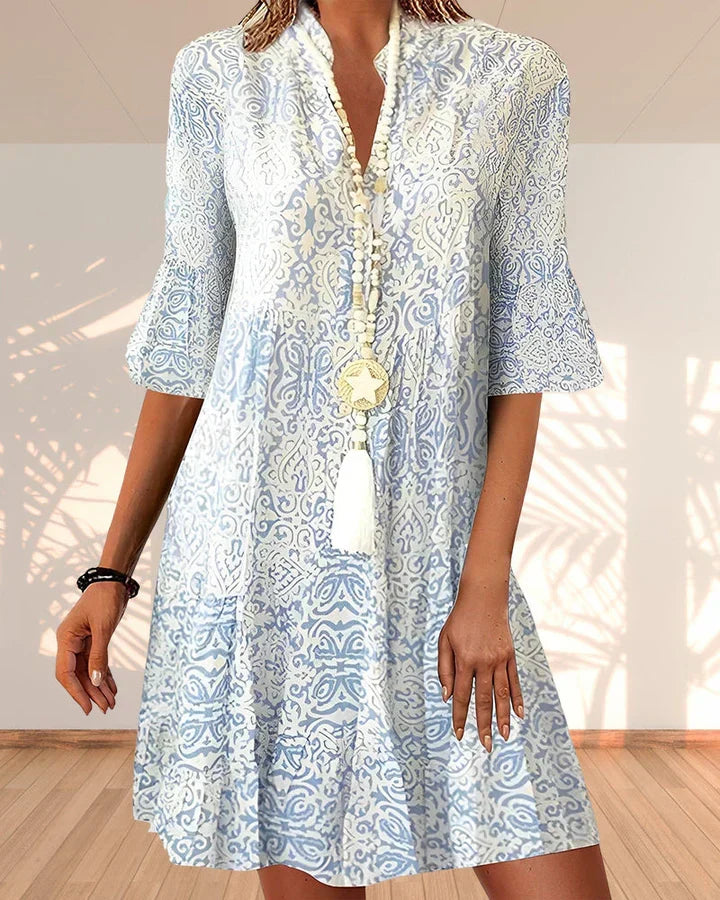 Women's Mini Summer Dress with V Neckline and Three Quarter Sleeves