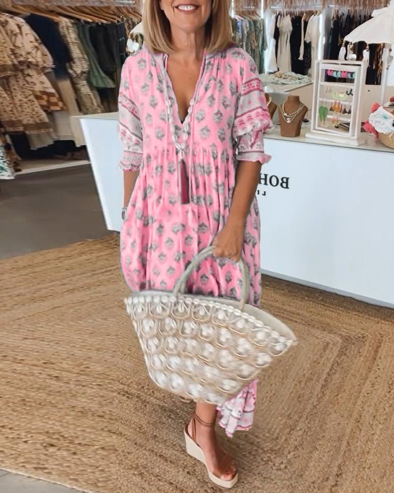 Women's Maxi Summer Dress with V Neckline and Floral Print