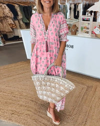 Women's Maxi Summer Dress with V Neckline and Floral Print