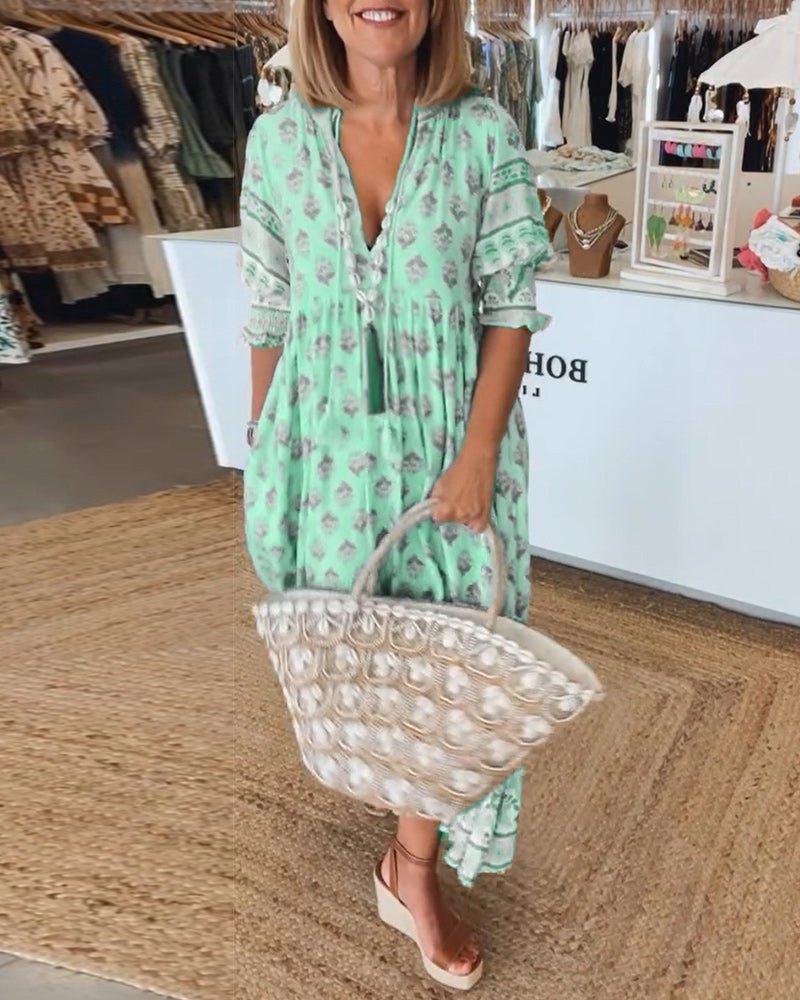 Women's Maxi Summer Dress with V Neckline and Floral Print