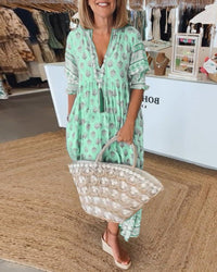 Women's Maxi Summer Dress with V Neckline and Floral Print