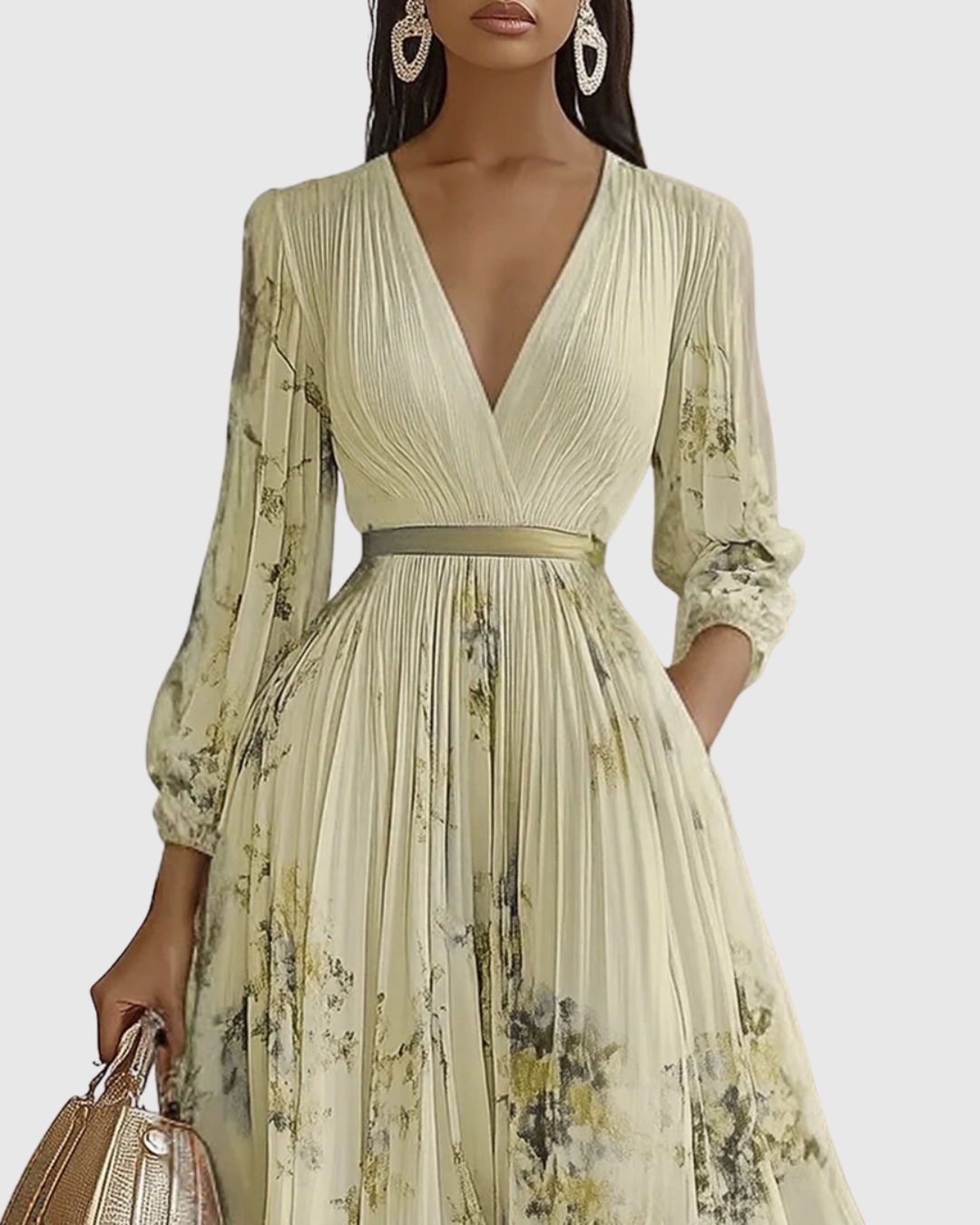 Women's Midi Wedding Guest Dress with V Neckline and Pleated Skirt