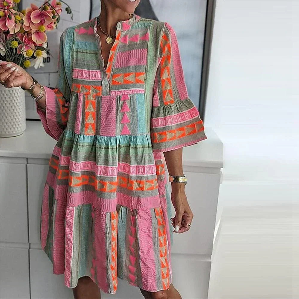 Women's Mini Summer Dress with Striped Print and Tiered Skirt