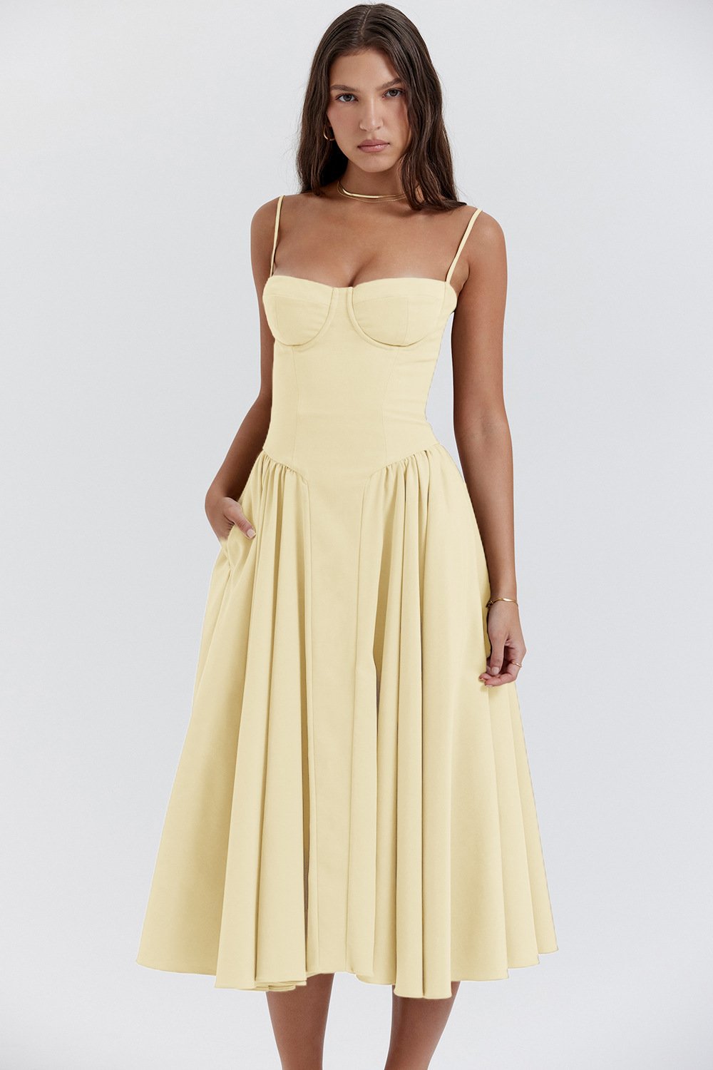 Women's Midi Graduation Dress with Spaghetti Strap and Ruffled Hem
