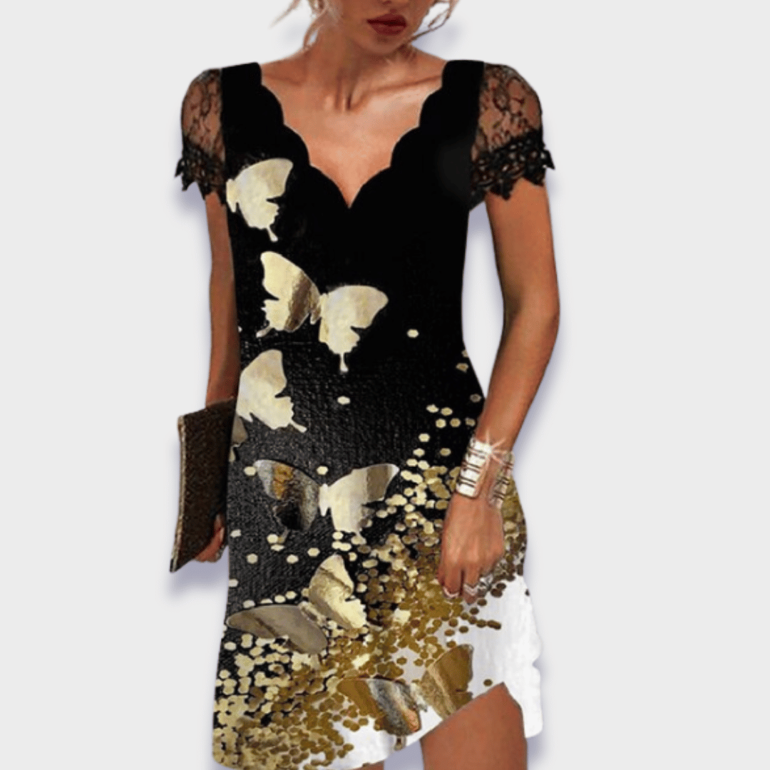 Women's Mini Occasion Dress with V Neckline and Cap Sleeves