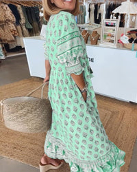 Women's Maxi Summer Dress with V Neckline and Floral Print