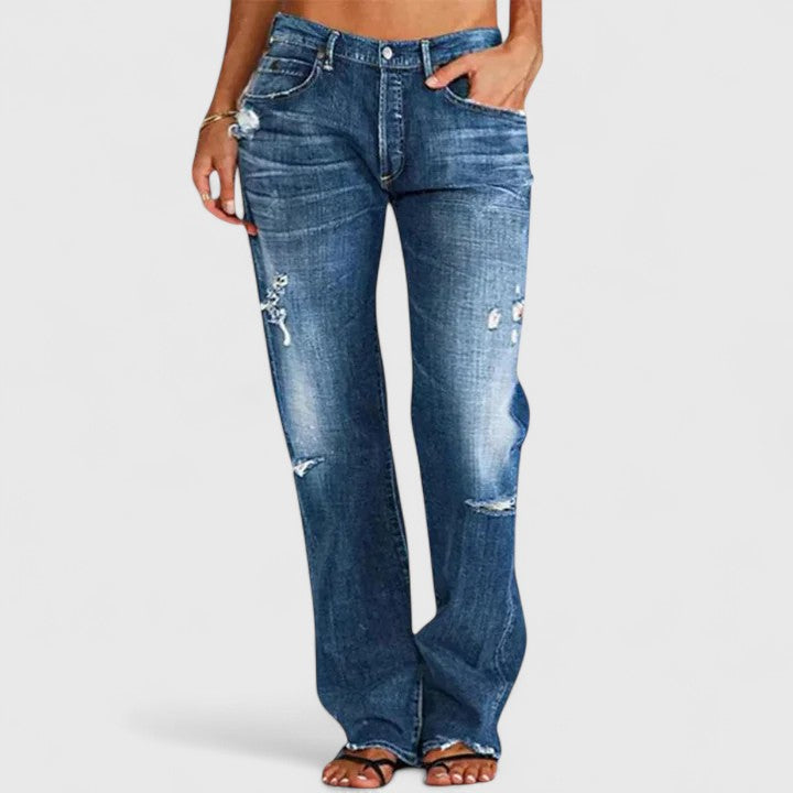 Women's Straight Leg Jeans with Distressed Detail and Mid Rise