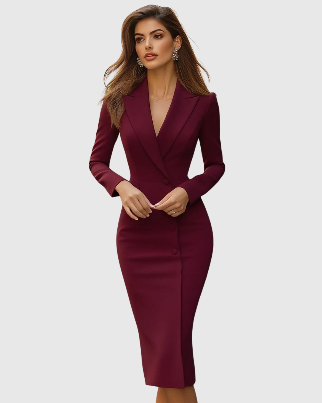 Women's Midi White Dress with V Neckline and Bodycon Fit