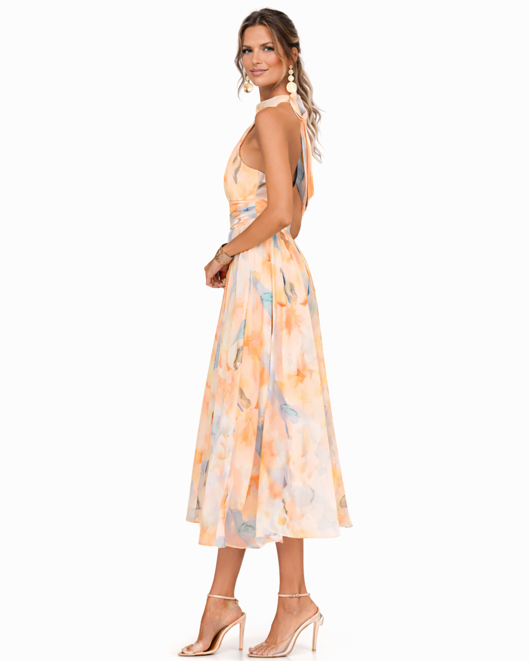 Women's Midi Halter Neck Dress with Floral Print and Pleated Skirt