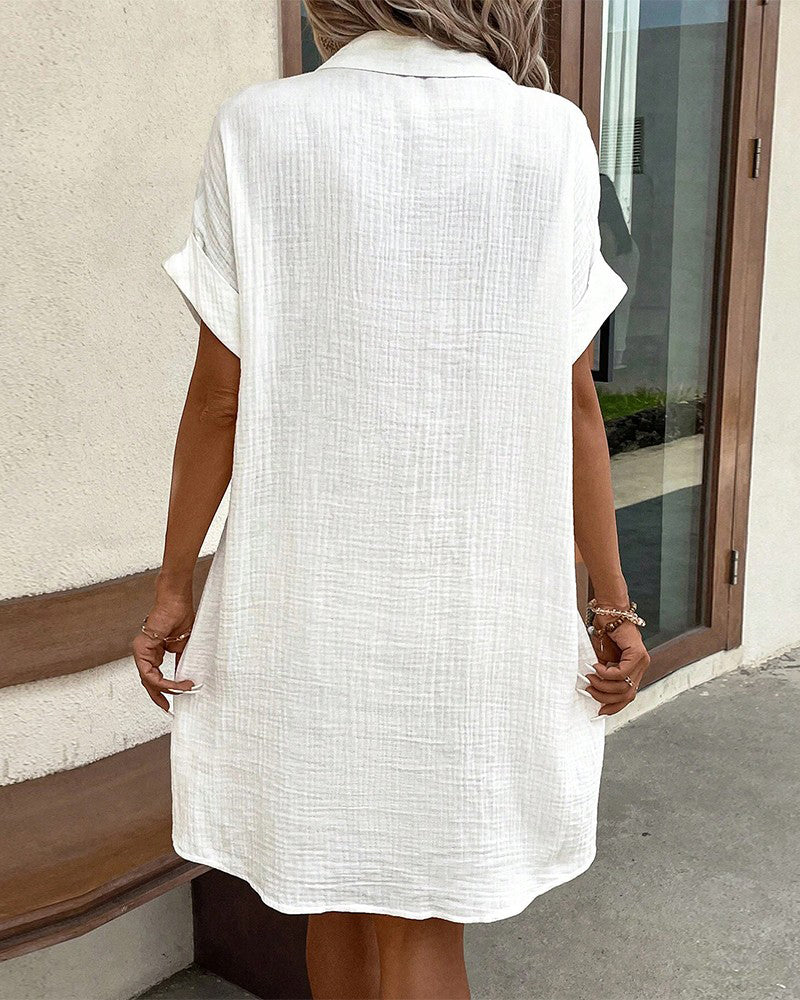 Women's Mini Shirt Dress with Short Sleeves and Side Pockets
