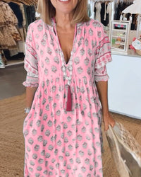 Women's Maxi Summer Dress with V Neckline and Floral Print