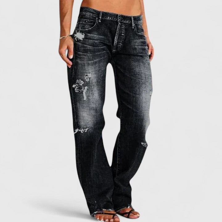Women's Straight Leg Jeans with Distressed Detail and Mid Rise