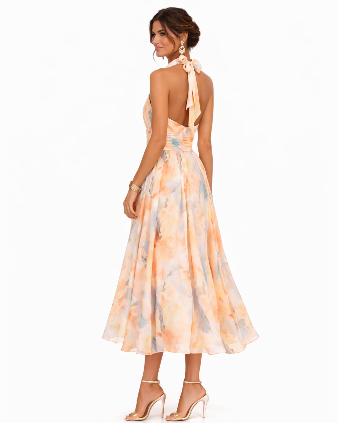 Women's Midi Halter Neck Dress with Floral Print and Pleated Skirt