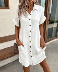 Women's Mini Shirt Dress with Short Sleeves and Side Pockets