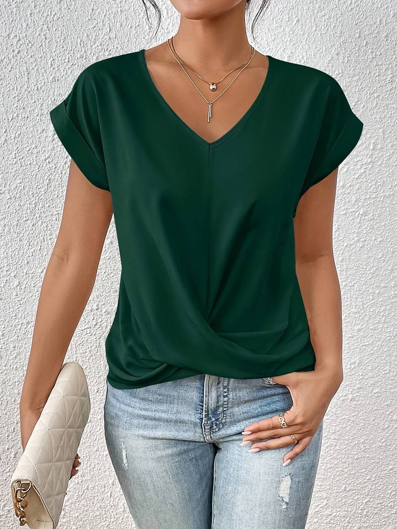 Women's V Neckline Tops with Twist Front and Cap Sleeves