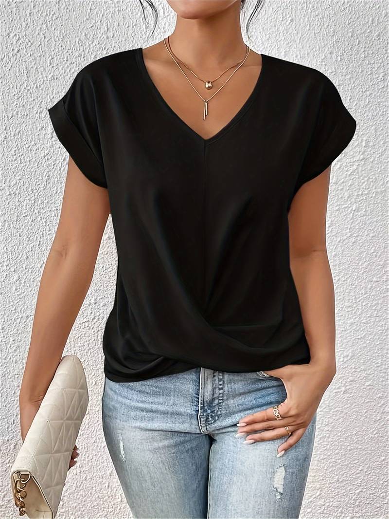 Women's V Neckline Tops with Twist Front and Cap Sleeves