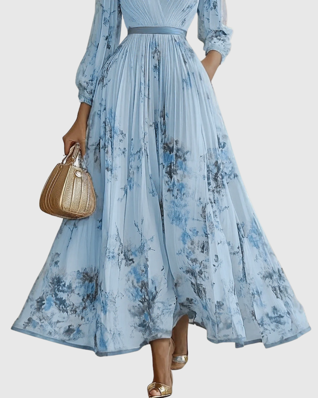 Women's Midi Wedding Guest Dress with V Neckline and Pleated Skirt