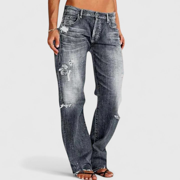 Women's Straight Leg Jeans with Distressed Detail and Mid Rise