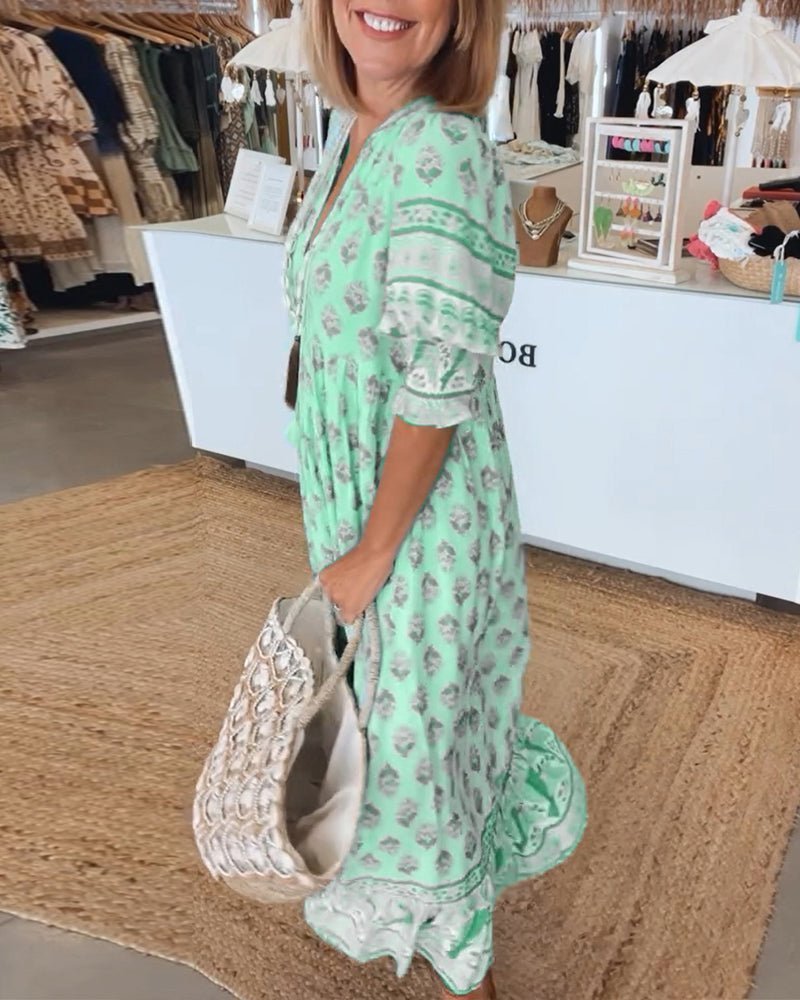 Women's Maxi Summer Dress with V Neckline and Floral Print