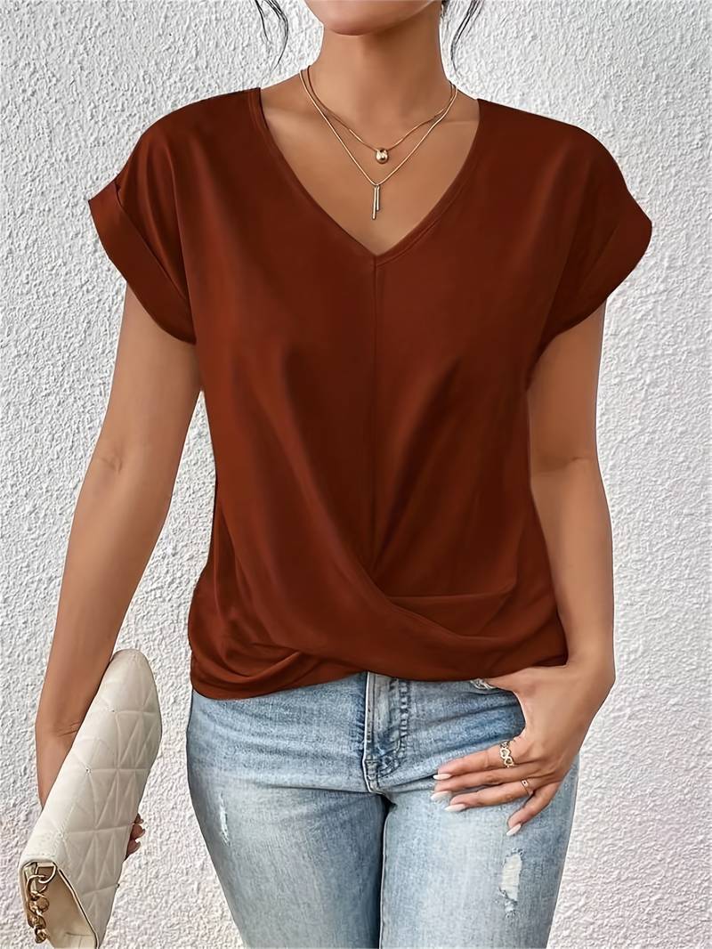 Women's V Neckline Tops with Twist Front and Cap Sleeves